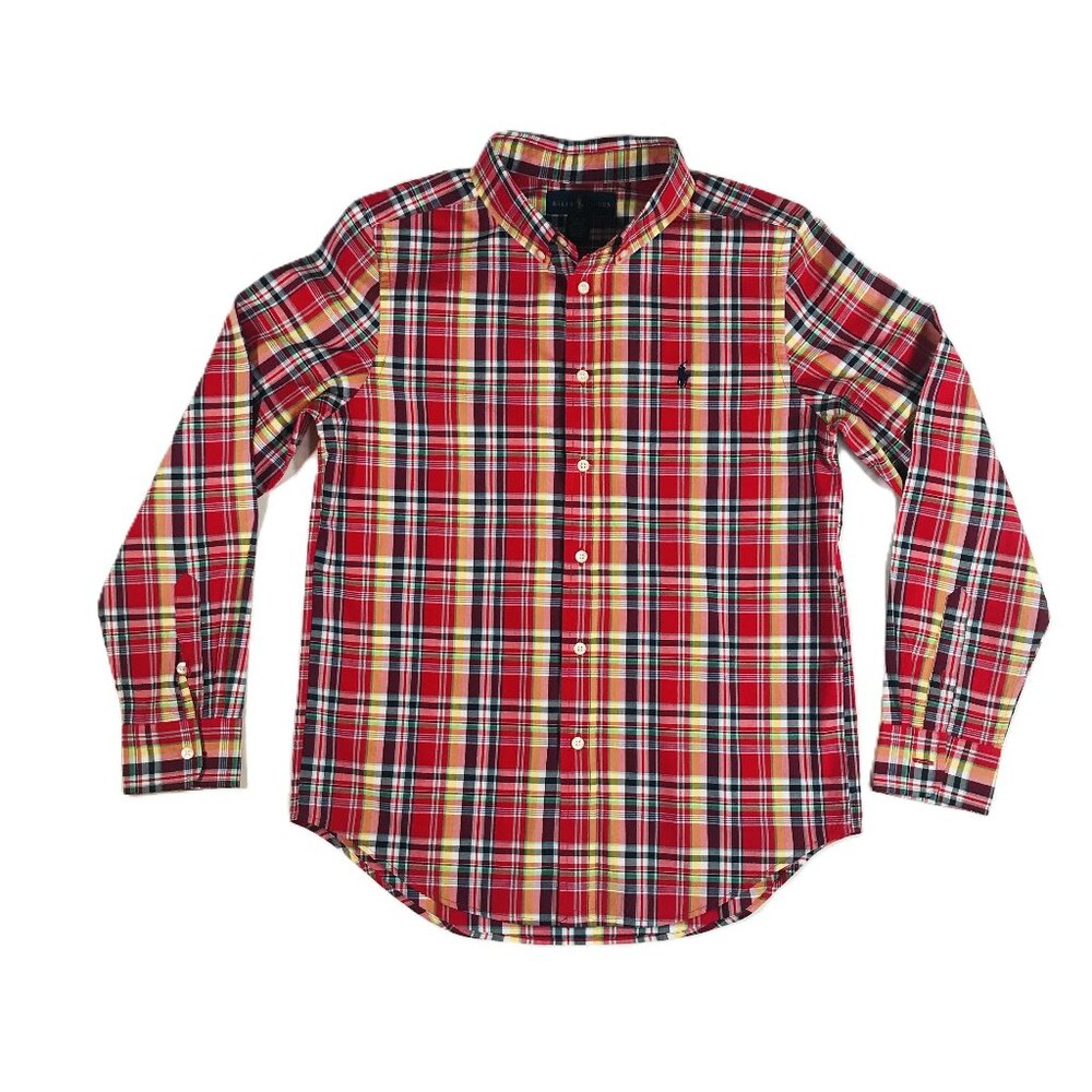 Ralph Lauren Cotton Button Down LS Red Plaid Shirt Boys Large 14-16, SHIPS FREE!